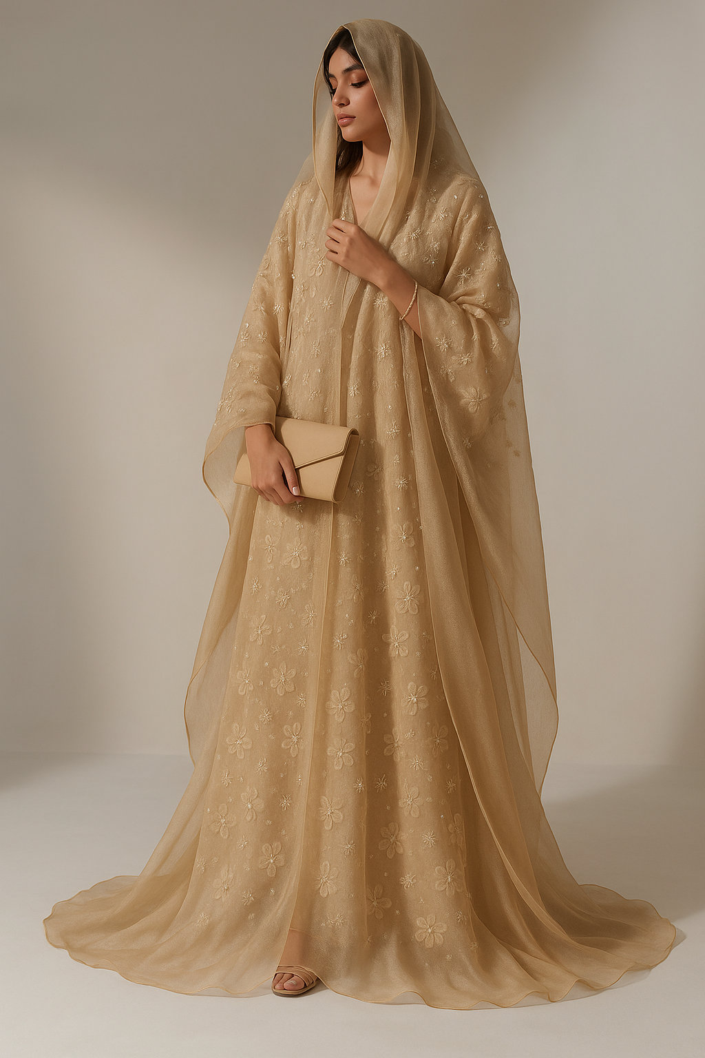 3D Floral Abaya - Gold