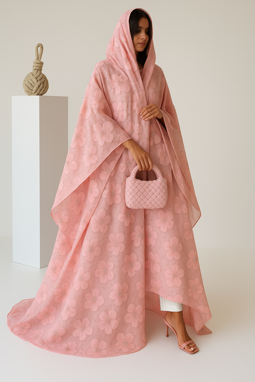 3D Floral Abaya - Pink